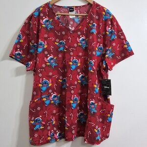 Disney Stitch Christmas Holiday Candy Cane V Neck Scrub Top, Size 3XL NWT